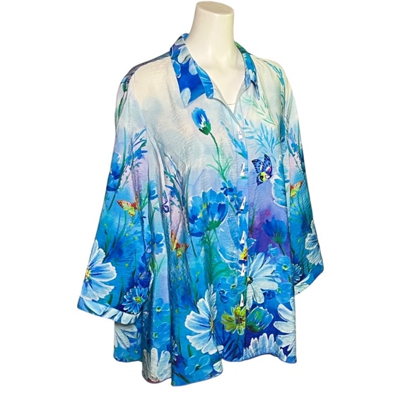 Ali Miles Plus Size 2X Artsy Colorful Butterfly Print Aqua Button Up Tunic Top - Picture 3 of 10